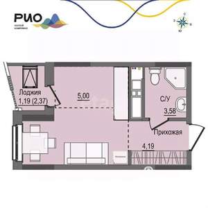 Студия квартира, на длительный срок, 25м2, 12/17 этаж