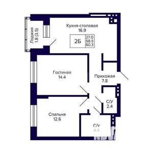 2-к квартира, на длительный срок, 60м2, 5/18 этаж
