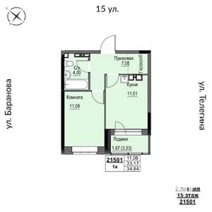 1-к квартира, строящийся дом, 35м2, 15/17 этаж