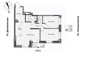 3-к квартира, строящийся дом, 73м2, 8/17 этаж
