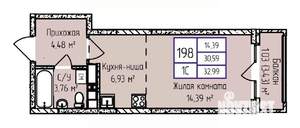 1-к квартира, строящийся дом, 33м2, 14/17 этаж