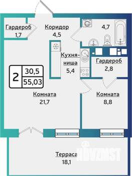 2-к квартира, строящийся дом, 55м2, 1/7 этаж