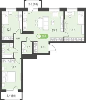 3-к квартира, строящийся дом, 88м2, 4/10 этаж