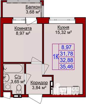 1-к квартира, строящийся дом, 35м2, 2/8 этаж