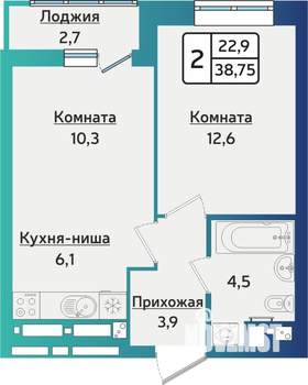 2-к квартира, строящийся дом, 39м2, 1/16 этаж