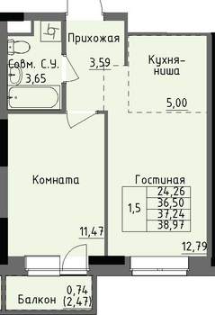 1-к квартира, строящийся дом, 37м2, 2/17 этаж