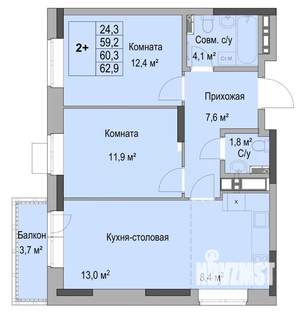 2-к квартира, вторичка, 60м2, 14/17 этаж