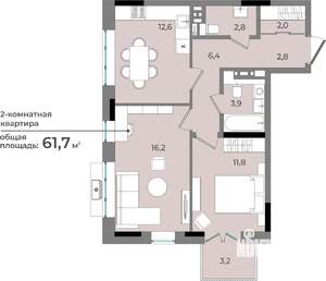 2-к квартира, строящийся дом, 62м2, 9/15 этаж