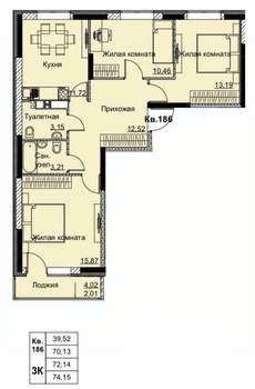 3-к квартира, строящийся дом, 72м2, 17/17 этаж
