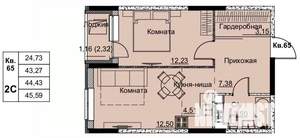 2-к квартира, строящийся дом, 44м2, 6/17 этаж