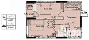 2-к квартира, строящийся дом, 44м2, 12/17 этаж