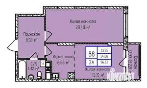 2-к квартира, строящийся дом, 56м2, 7/17 этаж