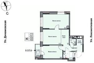 3-к квартира, строящийся дом, 55м2, 16/17 этаж