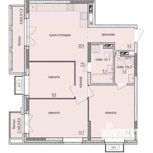 3-к квартира, строящийся дом, 77м2, 4/14 этаж