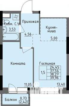 1-к квартира, строящийся дом, 38м2, 2/17 этаж