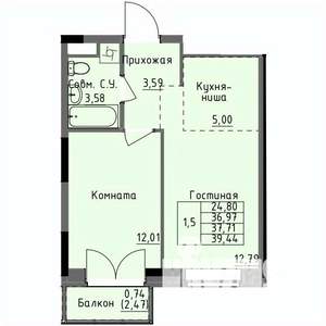 1-к квартира, строящийся дом, 38м2, 16/17 этаж