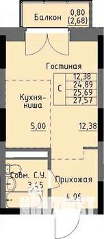 Студия квартира, строящийся дом, 26м2, 14/17 этаж