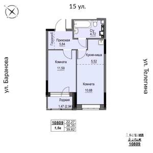 2-к квартира, строящийся дом, 40м2, 8/17 этаж