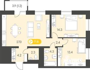 2-к квартира, вторичка, 72м2, 22/24 этаж
