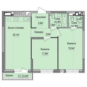 2-к квартира, строящийся дом, 61м2, 13/17 этаж