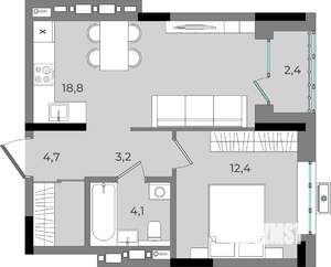 1-к квартира, вторичка, 46м2, 5/16 этаж