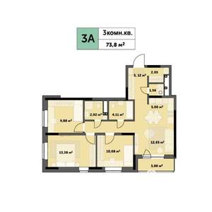 3-к квартира, строящийся дом, 74м2, 20/26 этаж