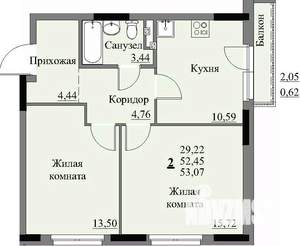 2-к квартира, строящийся дом, 55м2, 2/17 этаж