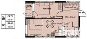 2-к квартира, строящийся дом, 44м2, 14/17 этаж