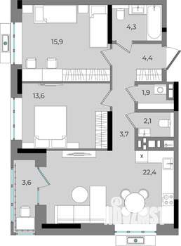 2-к квартира, вторичка, 72м2, 9/16 этаж