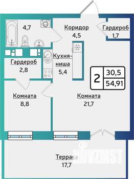 2-к квартира, строящийся дом, 55м2, 1/7 этаж
