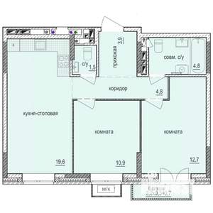 2-к квартира, строящийся дом, 59м2, 4/14 этаж