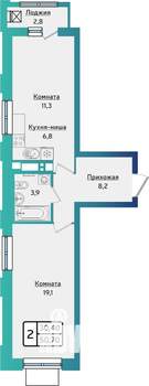 2-к квартира, строящийся дом, 51м2, 16/17 этаж