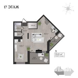 1-к квартира, строящийся дом, 111м2, 17/17 этаж