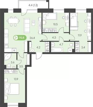 3-к квартира, строящийся дом, 91м2, 2/9 этаж