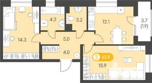 2-к квартира, строящийся дом, 63м2, 2/10 этаж