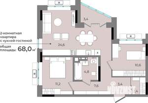 2-к квартира, строящийся дом, 68м2, 4/15 этаж