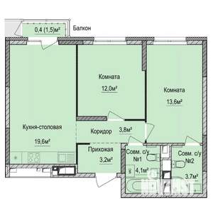 2-к квартира, строящийся дом, 60м2, 8/17 этаж