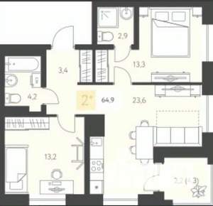 2-к квартира, вторичка, 65м2, 6/14 этаж