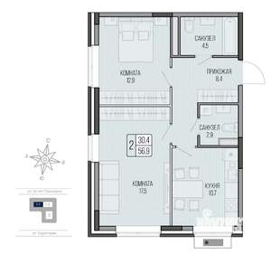 2-к квартира, вторичка, 57м2, 2/9 этаж