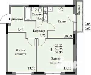2-к квартира, строящийся дом, 54м2, 13/17 этаж