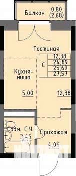 Студия квартира, строящийся дом, 26м2, 16/17 этаж