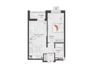 1-к квартира, вторичка, 46м2, 2/16 этаж