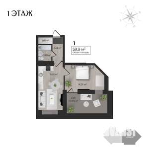 1-к квартира, строящийся дом, 60м2, 1/17 этаж