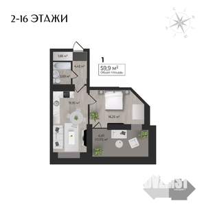 1-к квартира, строящийся дом, 60м2, 12/17 этаж