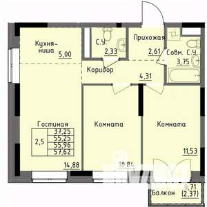 2-к квартира, строящийся дом, 56м2, 13/17 этаж