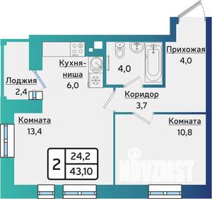 2-к квартира, строящийся дом, 43м2, 1/17 этаж