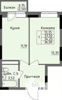 1-к квартира, строящийся дом, 34м2, 3/17 этаж