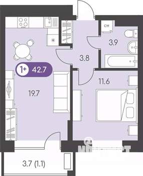 1-к квартира, строящийся дом, 43м2, 9/9 этаж