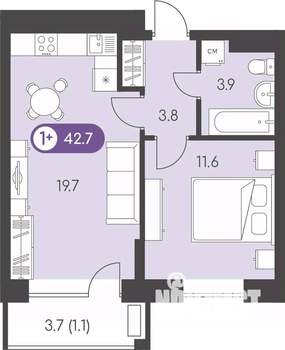 1-к квартира, строящийся дом, 43м2, 8/9 этаж