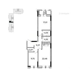 2-к квартира, строящийся дом, 77м2, 2/17 этаж